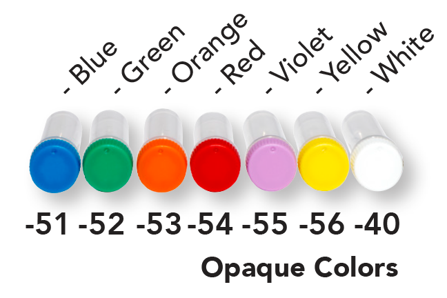 Opaque Colors for Standard Caps. -51 Blue, -52 Green, -53 Orange, -54 Red, -55 Violet, -56 Yellow, -40 White