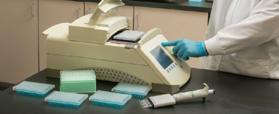 A technician running molded product on analytical lab equipment