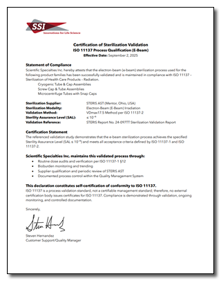 SSI ISO 11137 sterilization validation self declaration