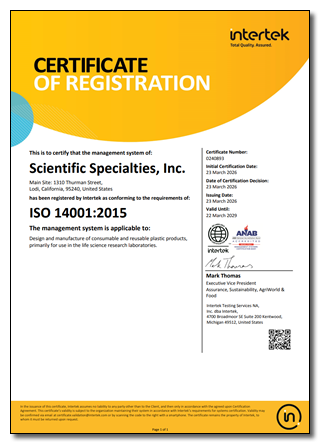 SSI ISO 14001 certificate of conformance